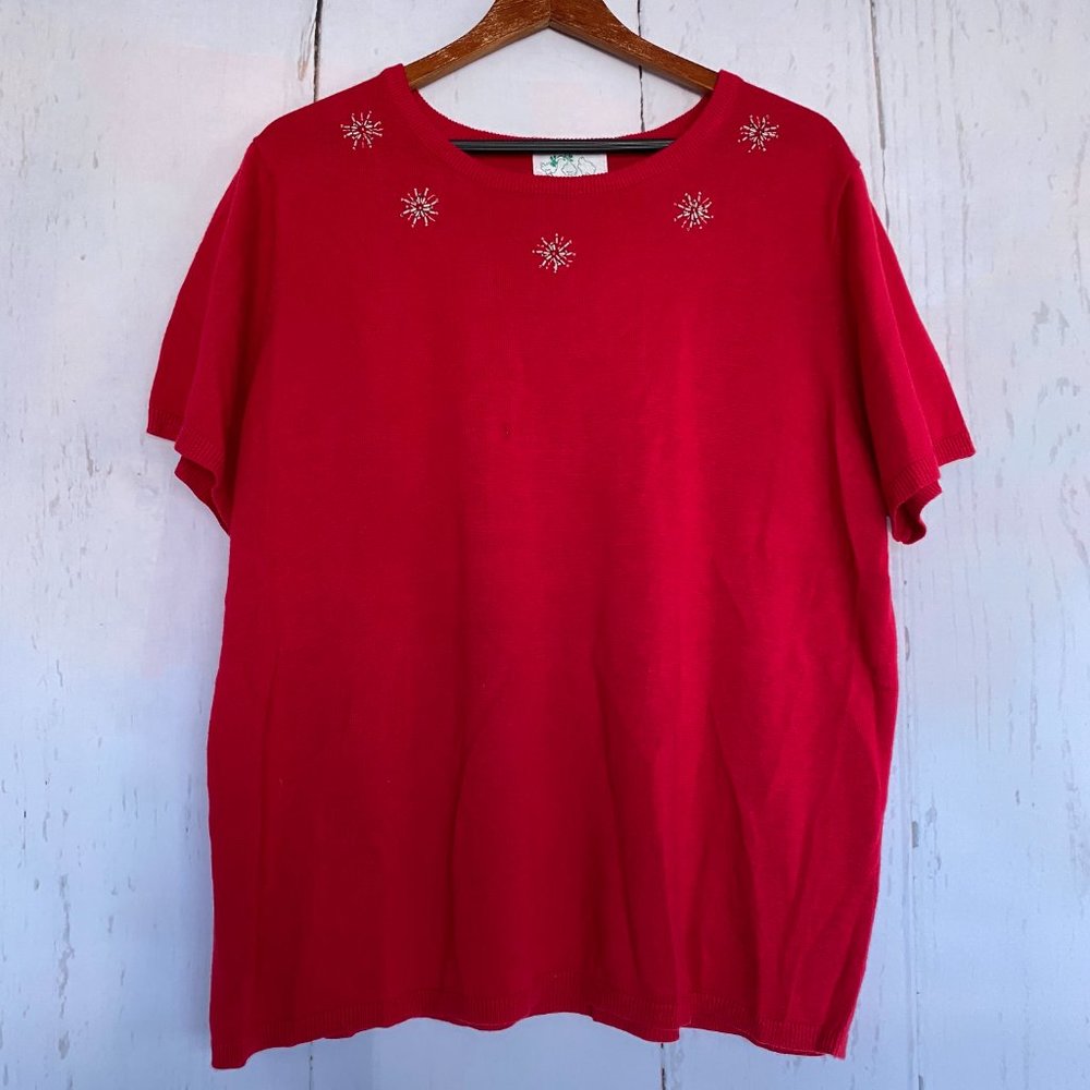 QUACKER FACTORY Red Winter Snowflakes Crew Neck Sweater 1X